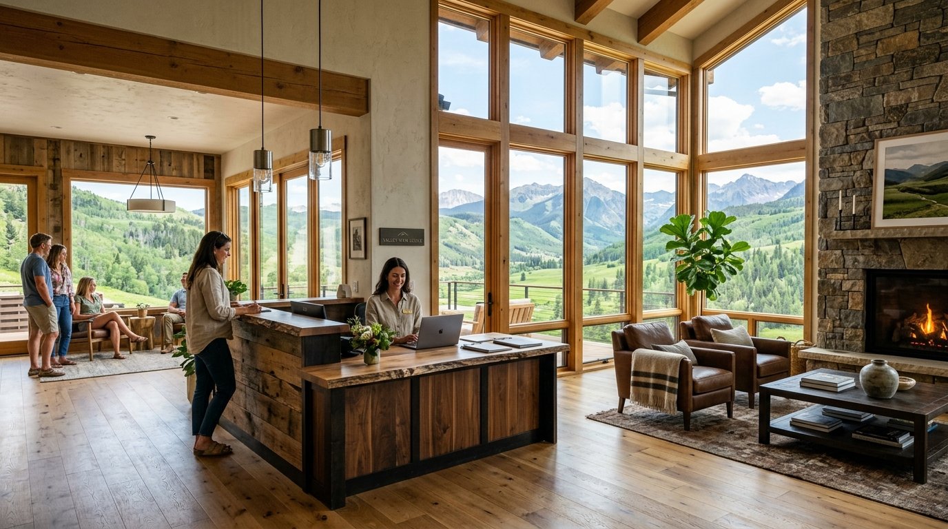 Cozy Log Cabin Reception and Fireplace Lounge